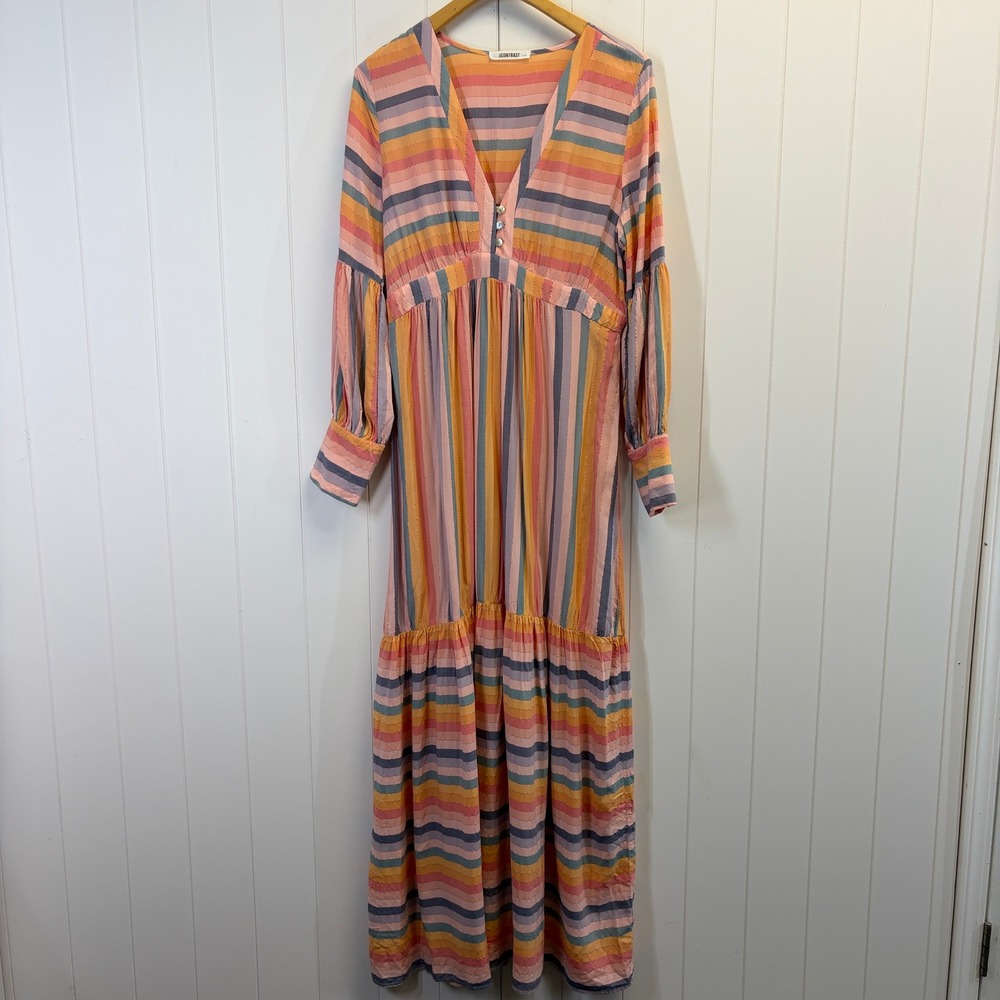 Self Contrast Cottage Tiered Striped Maxi Dress Womens Large Boho Milkmaid Flowy